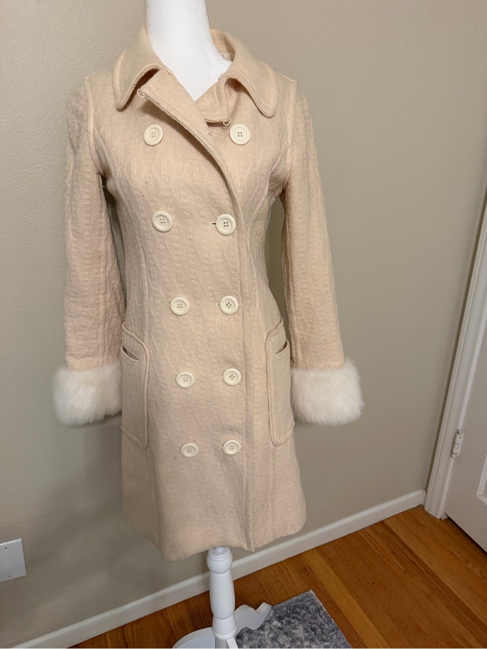 Cream Double-Breasted Wool-Blend Coat with Faux Fur Cuffs